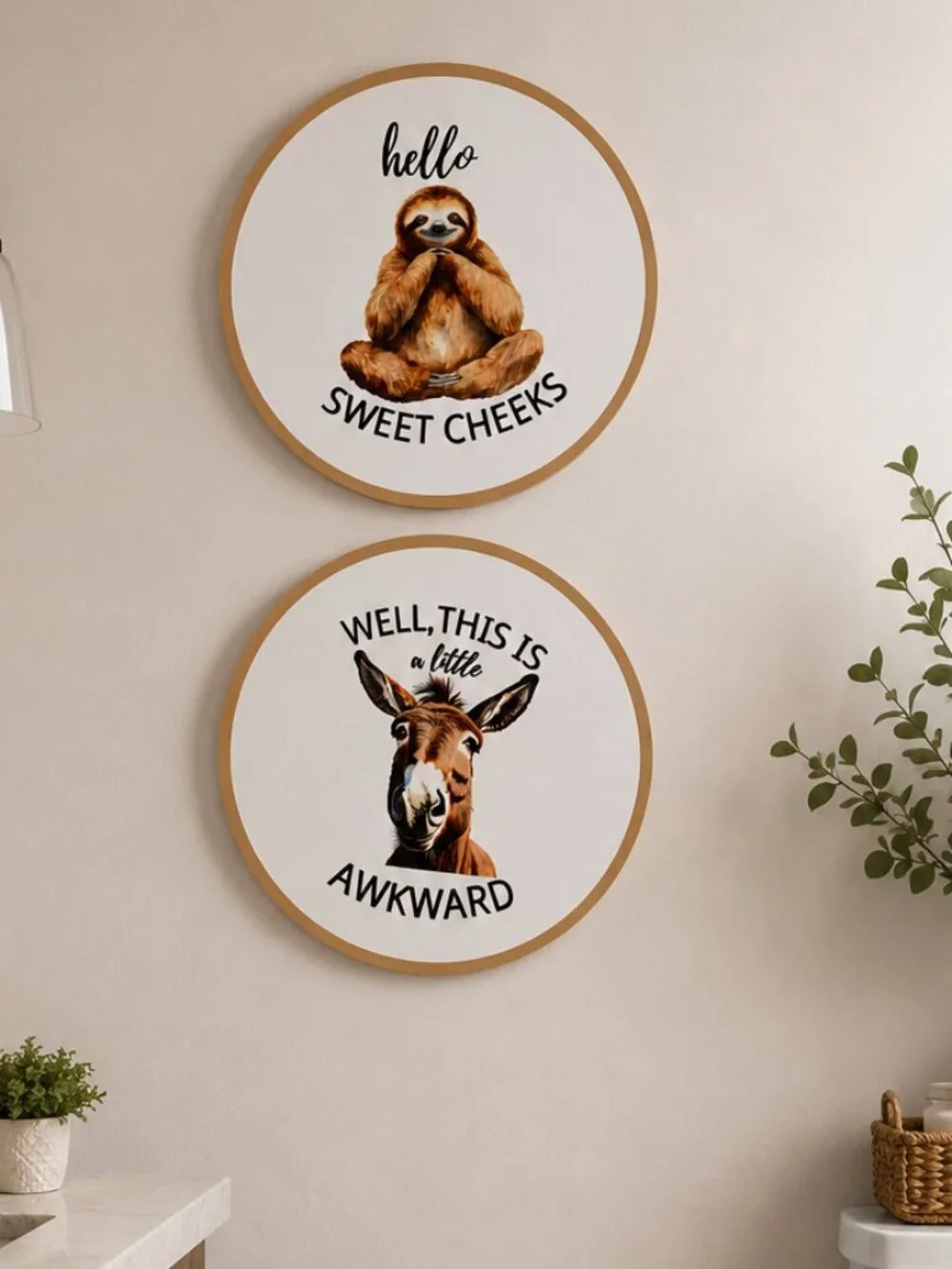 Funny Bathroom Wall Decor Set of 2 Sloth & Donkey Signs 7.75